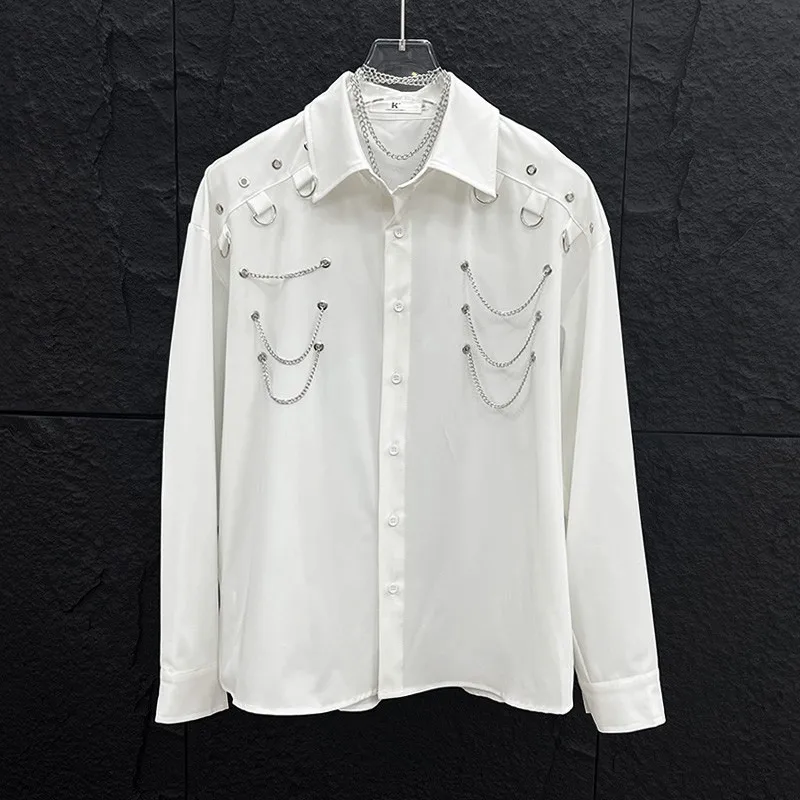 

Men's Solid Color Long Sleeve Collar Button Front Shirt with Chain & Metal Buckle Decor Trendy Casual Top Men's ClothingYY19
