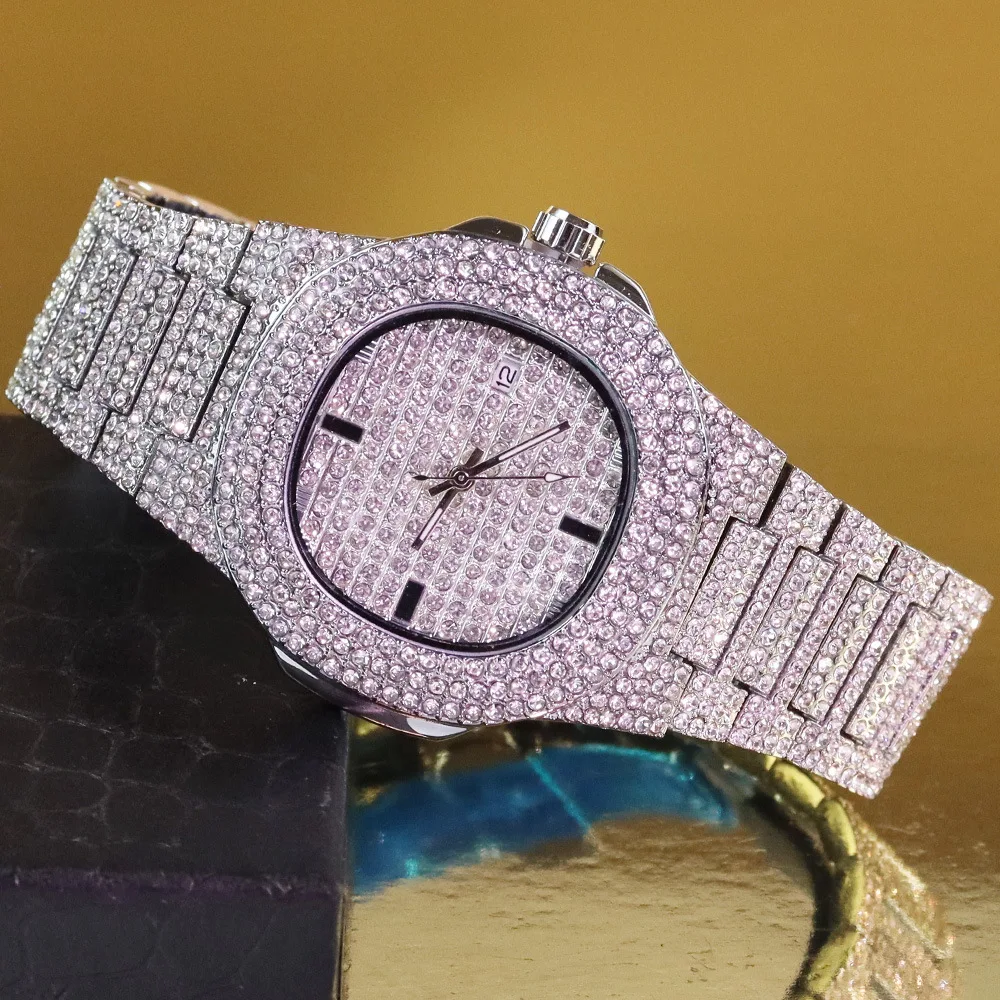 Full Diamond High Quality NO Logo Iced Out Classic Quartz Watches for Men Multicolor Luxury Silver Watch Fashion Steel Man Clock