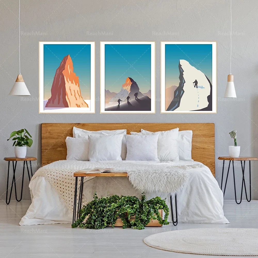 Winter mountain hiking art poster, Scandinavian hiking landscape, colorful snowy Nordic mountains, minimalist sunrise scenery