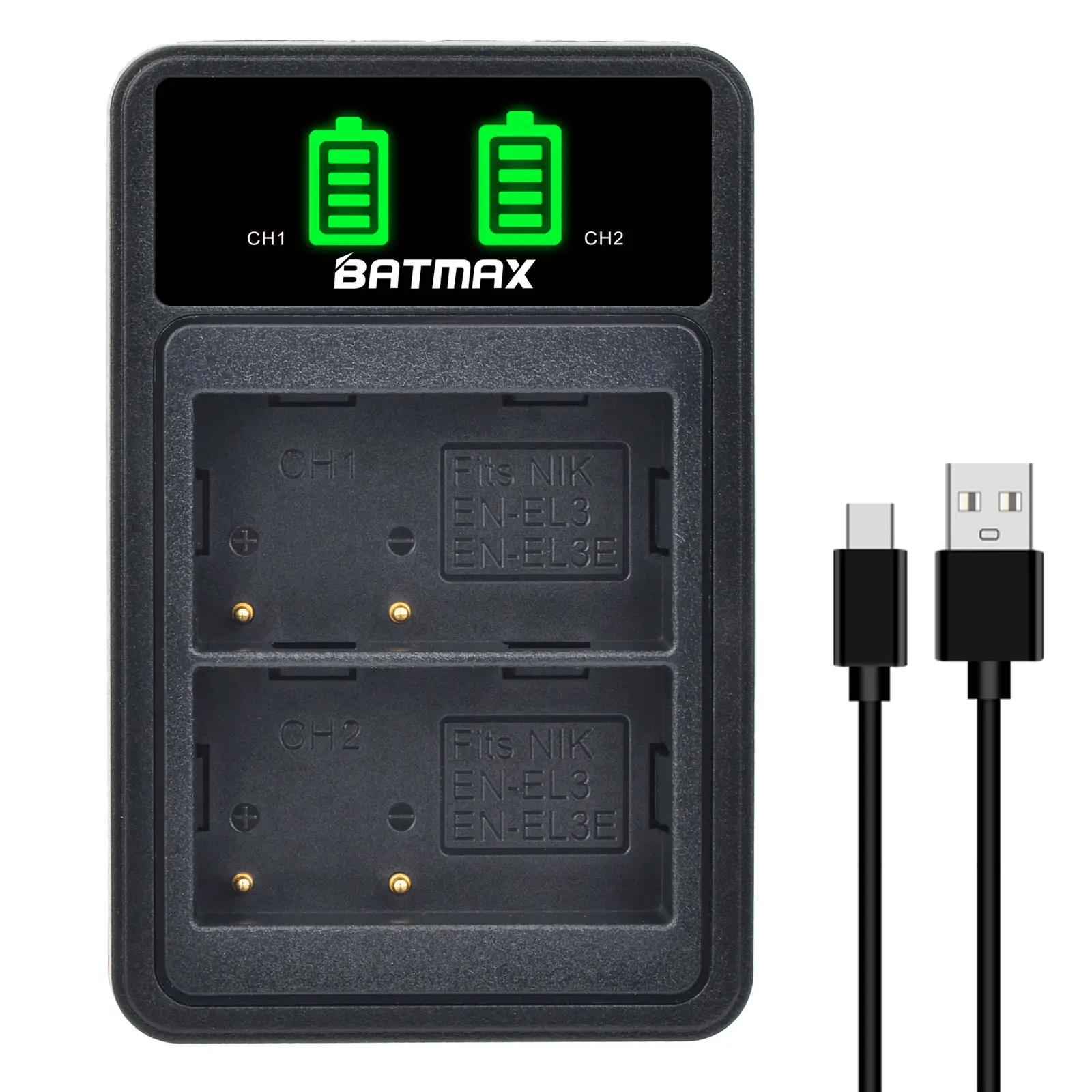 Bateria Batmax 1800mAh EN-EL3E EN-EL3 + podwójna ładowarka LED z portem typu C do Nikon D30 D50 D70 D70S D90 D80 D100 D200 D300