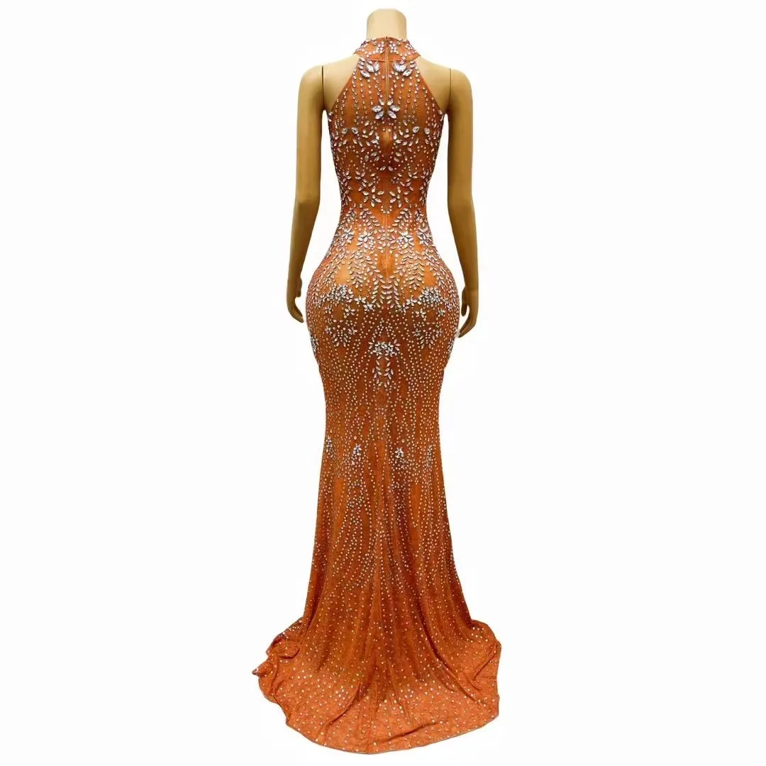 Women Luxury Orange sparkle Rhinestones Sleeveless Long Dress  Sexy Stage Outfit Dance Stage Show Wedding Party club Costume