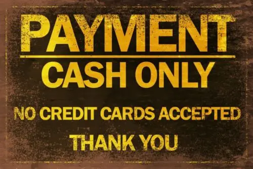 Cash Only Payment No Credit Cards yellow text Vintage Look Retro Metal Sign