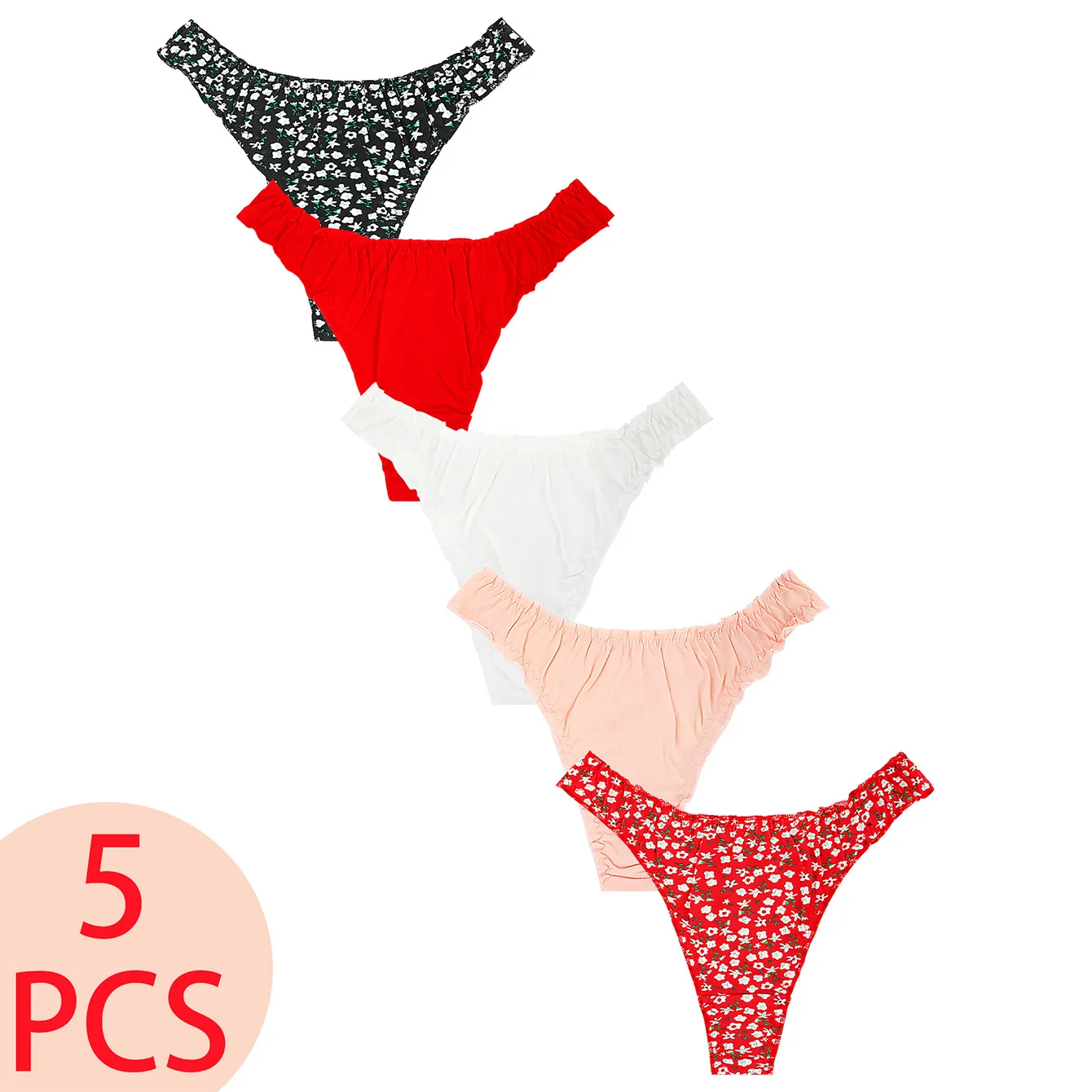 5 pairs of mixed-color floral puffed cute women's thongs, high-quality and comfortable women's underwear