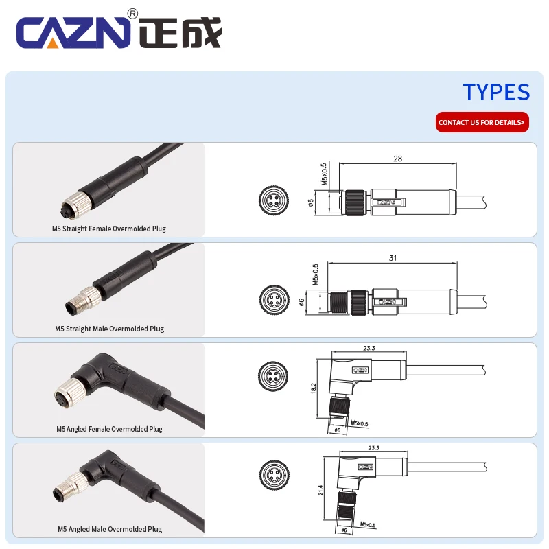 IP67 Waterproof M5 Connector 3 4 Pin Overmolded Plug Straight Angled 1m 2m 5m Cable for Industrial Automation