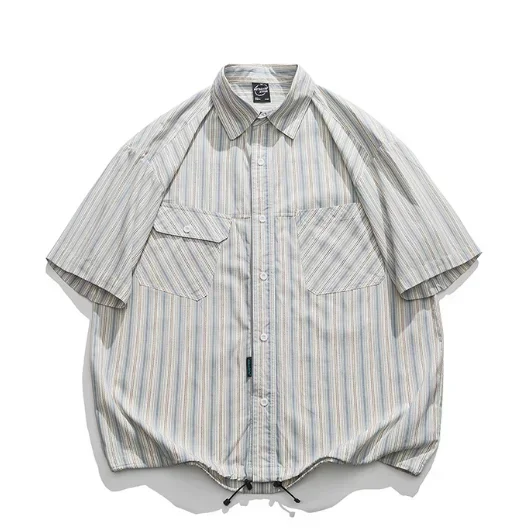  spring new trendy striped shirt college style loose casual cotton lapel pocket shirt men  size 2XL