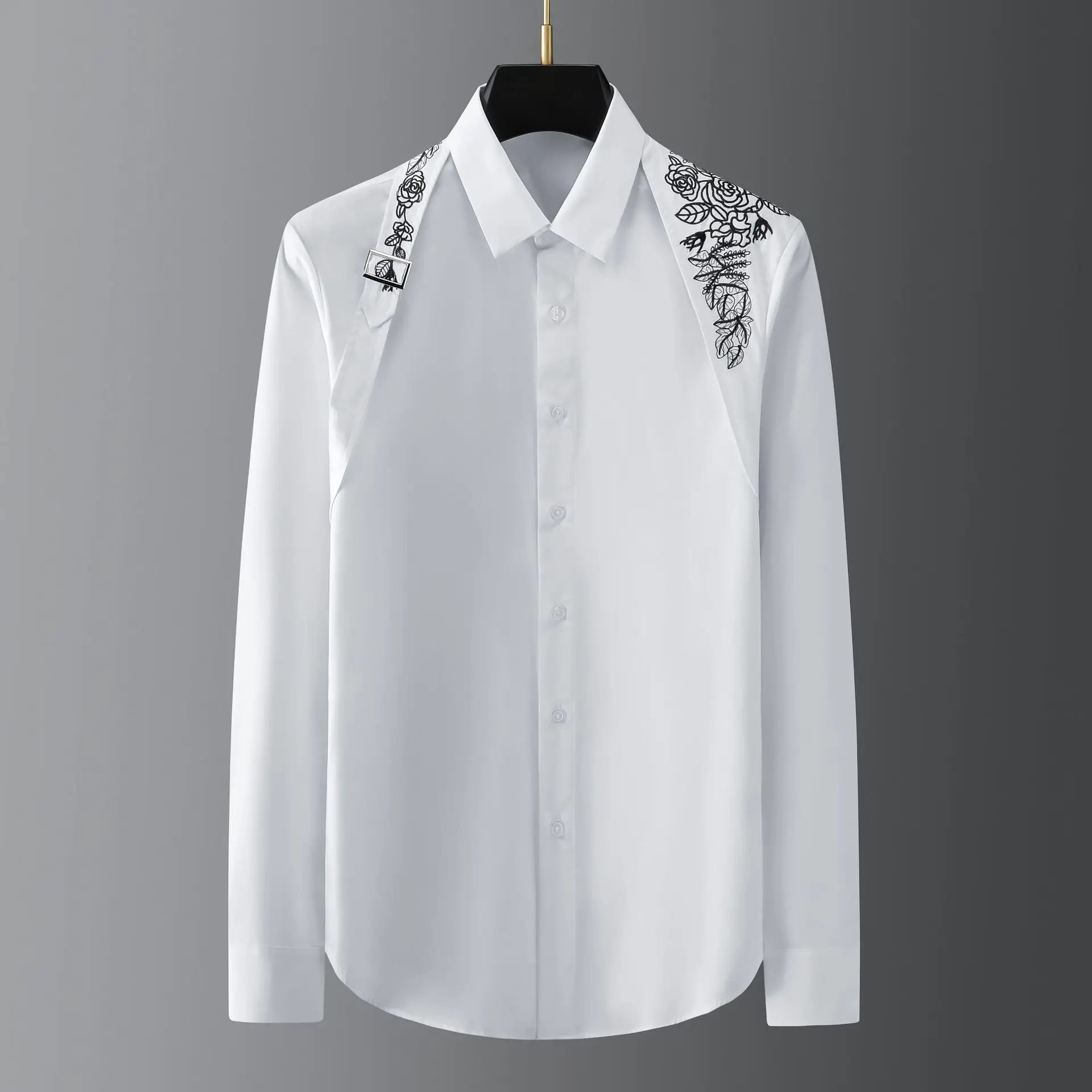 

European and American metal buckle ribbon over shoulder high-density embroidery men's long sleeved nightclub shirt