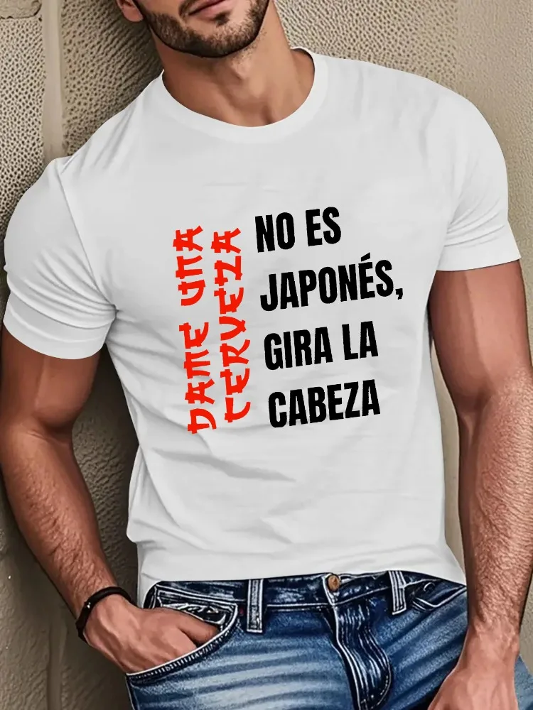 Mens Soft Cotton Tee Spanish Japanese Mixed Funny Letter Print Humor Joke Casual Male Daily Short Sleeve Street Fashion Top