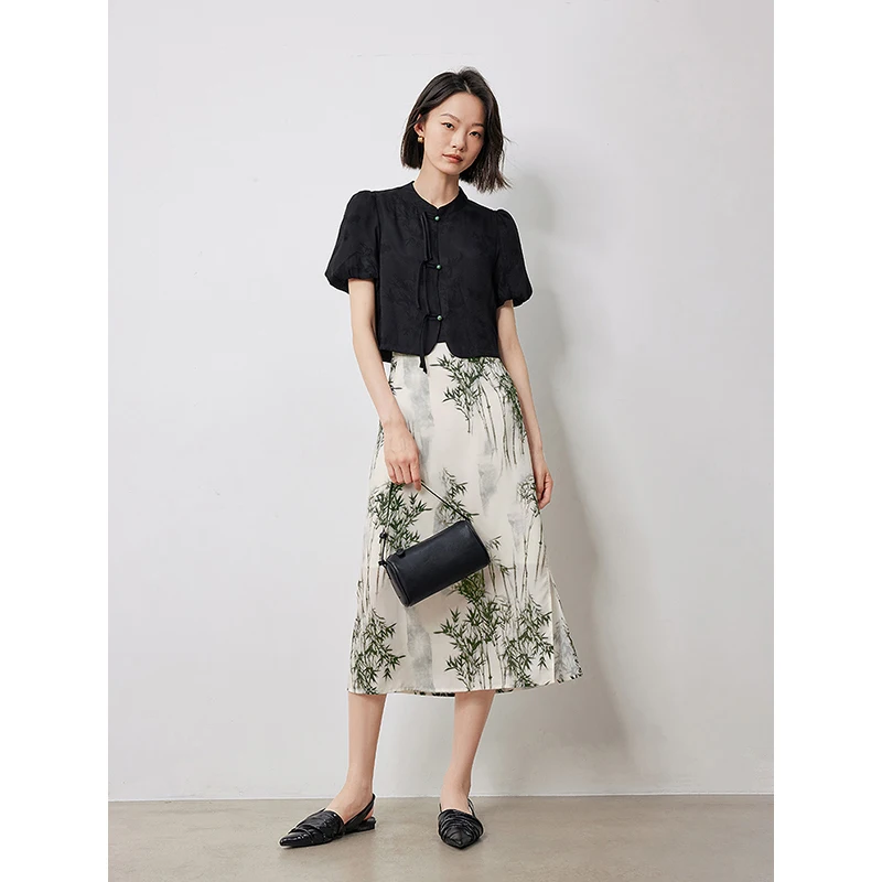 TOYOUTH Women Two Piece Sets 2024 Summer New Chinese Style Black Pullover Tops With Bamboo Printed Skirt Elegant Chinese Clothes