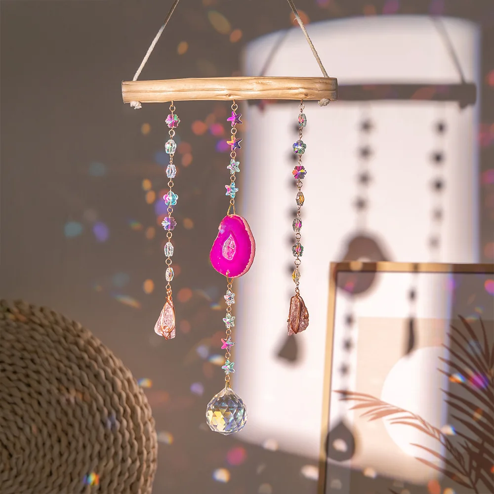 Suncatcher Wind Chimes Reiki Healing Ore Rock Natural Crystal Agate Rainbow Maker Hanging Sun Catcher Home Wall Decoration Gift