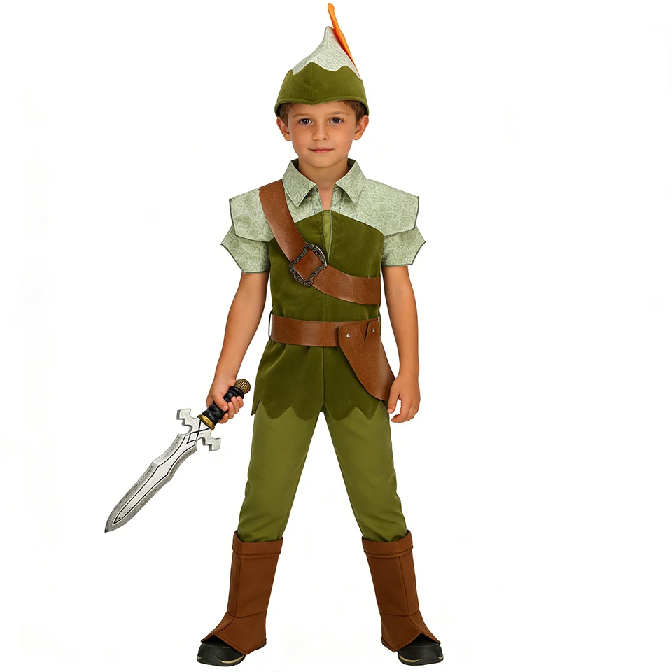 Deluxe Forest Warrior Elf Peter Pan Boys Outfits Halloween Cosplay Adventure Children's Costume Fairy Tale Themed Kids Clothes