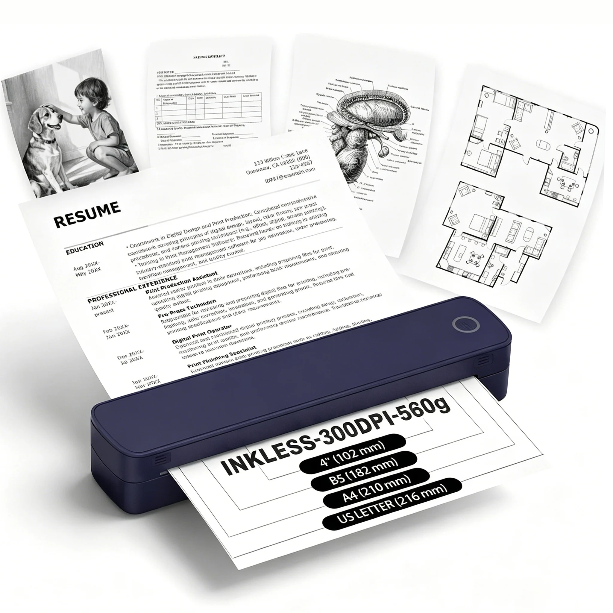 Commercial Document Printing - A4-Thermodrucker, Mini-Tragbarer Drucker, 203DPI/300DPI, A4-Thermopapierdruck, Bild-