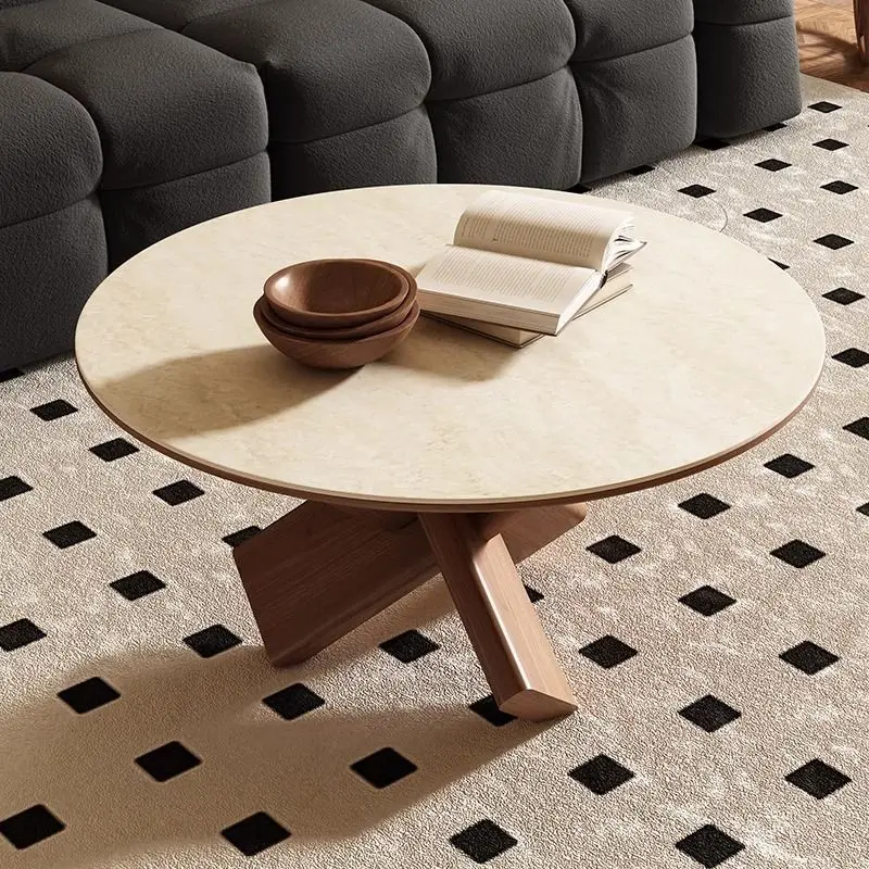 Stolik kawowy w stylu retro rock, blat z litego drewna, do małego mieszkania, okrągły, środkowy, w stylu antycznym, z zapięciem Luban, złącze wpuszczane, kreatywny.