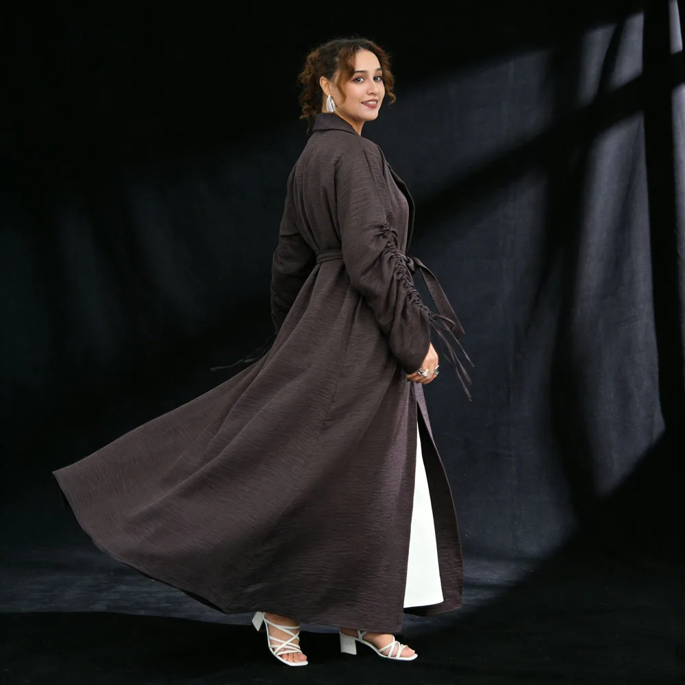 

Eid Ramadan Fashion Dubai Abaya Women Muslim Dress Cardigan Collar Drawstring Sleeve Kimono Robe Modest Middle East Islam Cloth