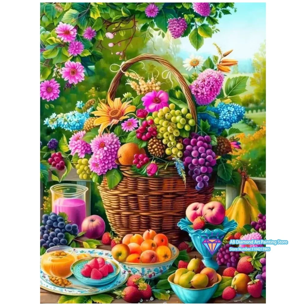 Cesta de Frutas para Jardín, Arte Floral, Set de Pintura de Diamantes 5D DIY con Diamantes Cuadrados y Redondos, Manualidades Hechas a Mano, Decoración del Hogar, Regalos