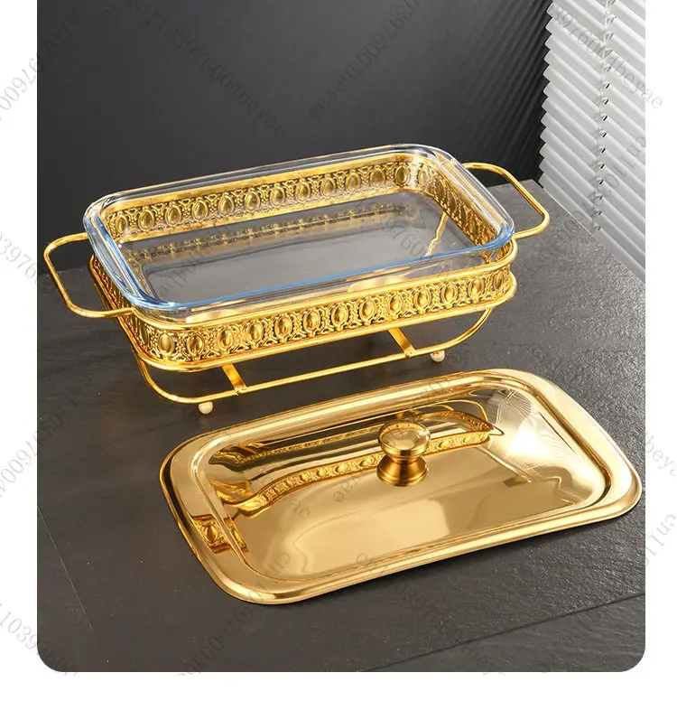 Golden rectangular glass dining stove hotel buffet stove restaurant dry pot food heating insulation container