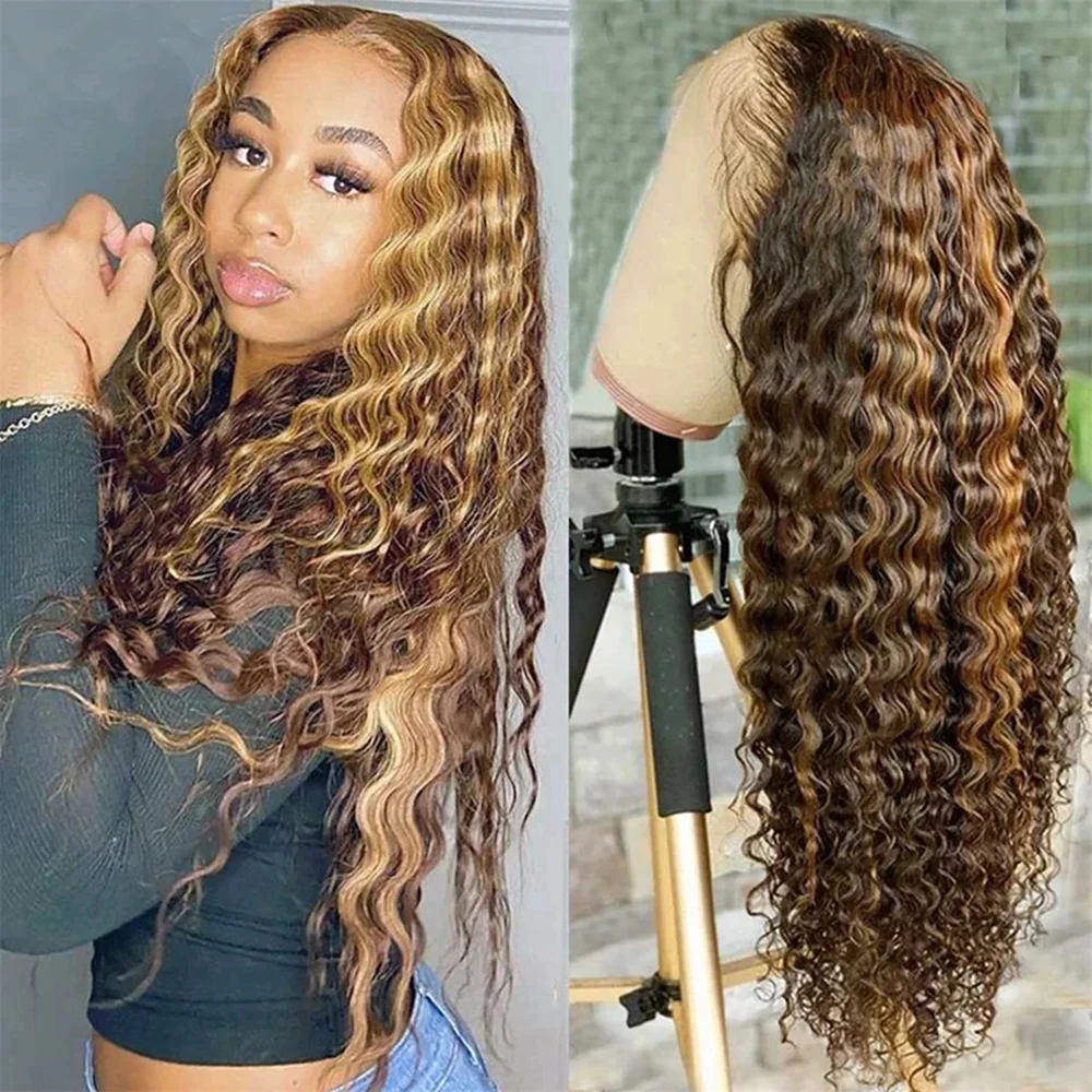 30 40 Inch Highlight Ombre Curly Glueless Human Hair Wig 4/27 Colored 13x4 Loose Deep Wave Frontal Ready To Wear Wigs For Women