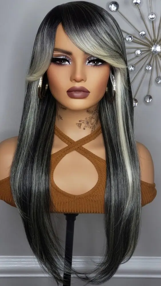 

Long Straight Full Cap Wig Bangs Style Black Blonde Hair Gray Women Wigs