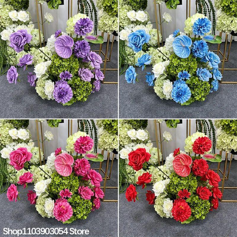 Lila/Rot/Blau/Rosa Künstliche Hortensien, Anthurien, Rosen Blumenarrangement Hochzeits-Hintergrund Deko Tisch Blumen Bühnen-Event-Requisite – Detail 2