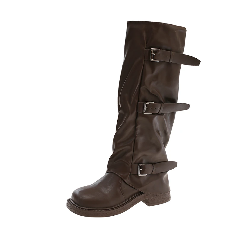 Vintage Ruched Western Women Knee High Boots Multi Metal Buckle Side Ziper Shoes Autumn Ladies Low Heel Long Booties image 6