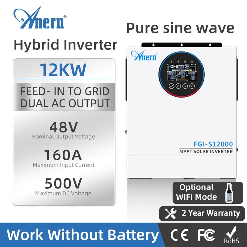 

Anern 12KW Hybrid Solar Inverter UPS Mode 160A 48V Solar Battery Charge Dual AC Output Pure Sine Wave High Frequency Inverter