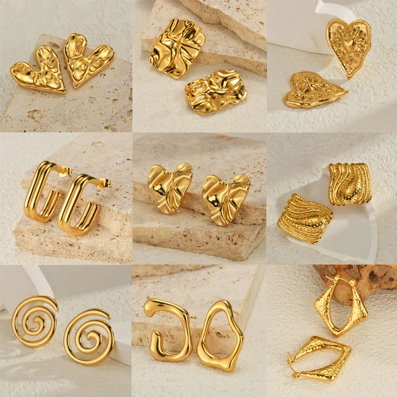 Kissmoon Fashion Multiple Styles Stainless Steel Gold Color Irregular Texture Heart Geometry Earrings Women Party Jewelry Gifts
