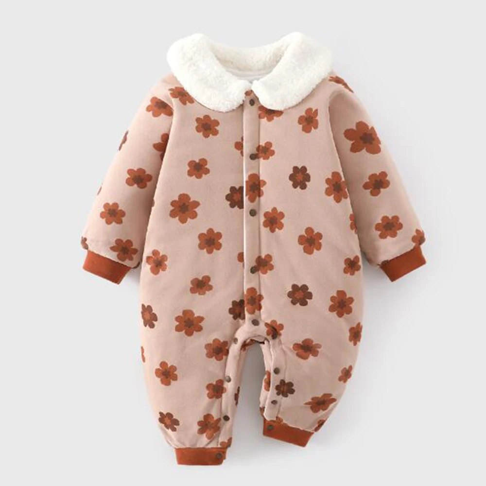 

Рождественские детские комбинезоны для девочек с длинными рукавами и цветочным воротником, эксклюзивная одежда для младенцев, стеганая теплая зимняя верхняя одежда, детский комбинезон