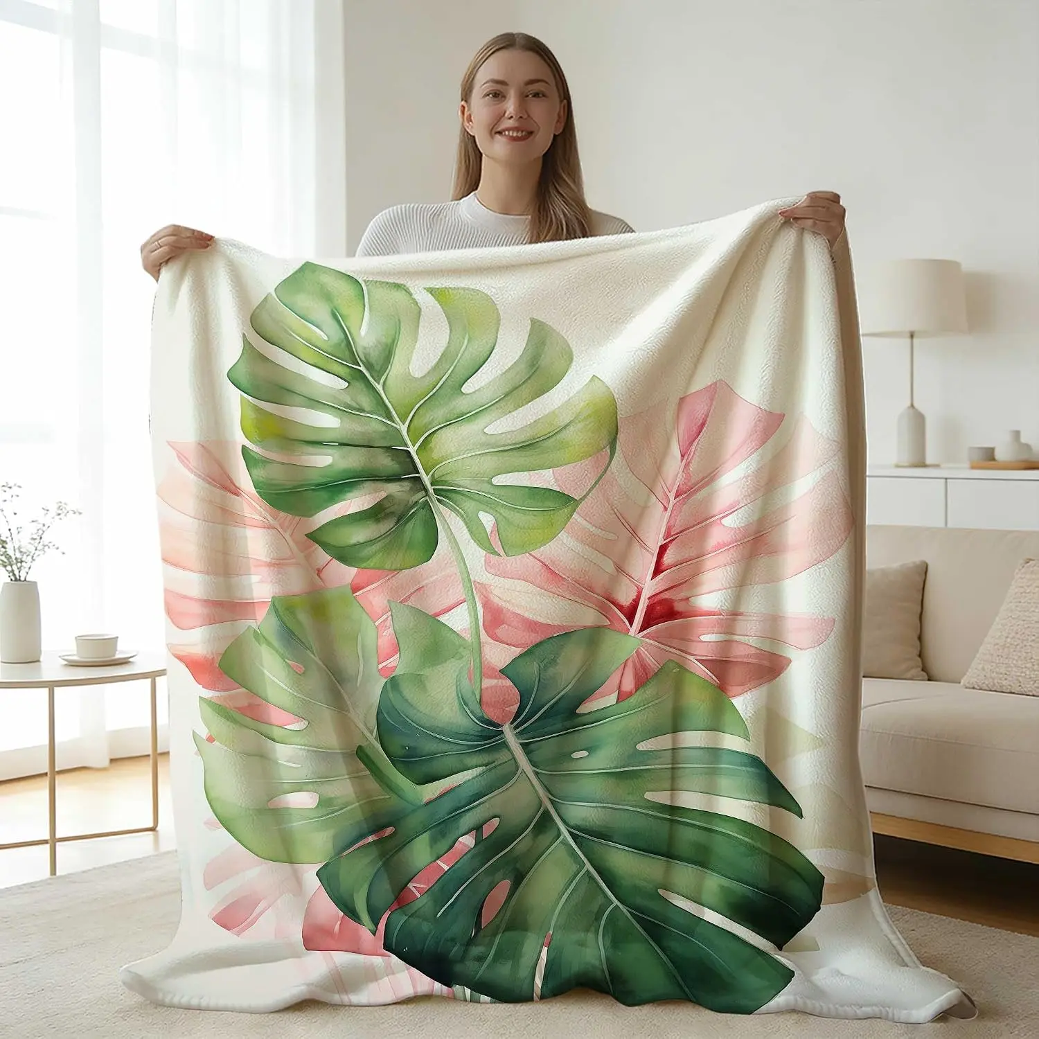 Cozy Flannel Throw Blanket Polyester Tropical Monstera Leaves Sofa Decor Jungle Aesthetic Print Warm Bed Throw for Home Living R