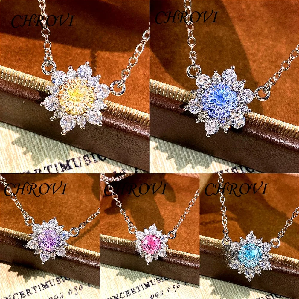 Luxury 925 Sterling Silver Colourful Gemstone Necklace with Small Niche Full Diamond Floral Sunflower Pendant Collarbone Chain