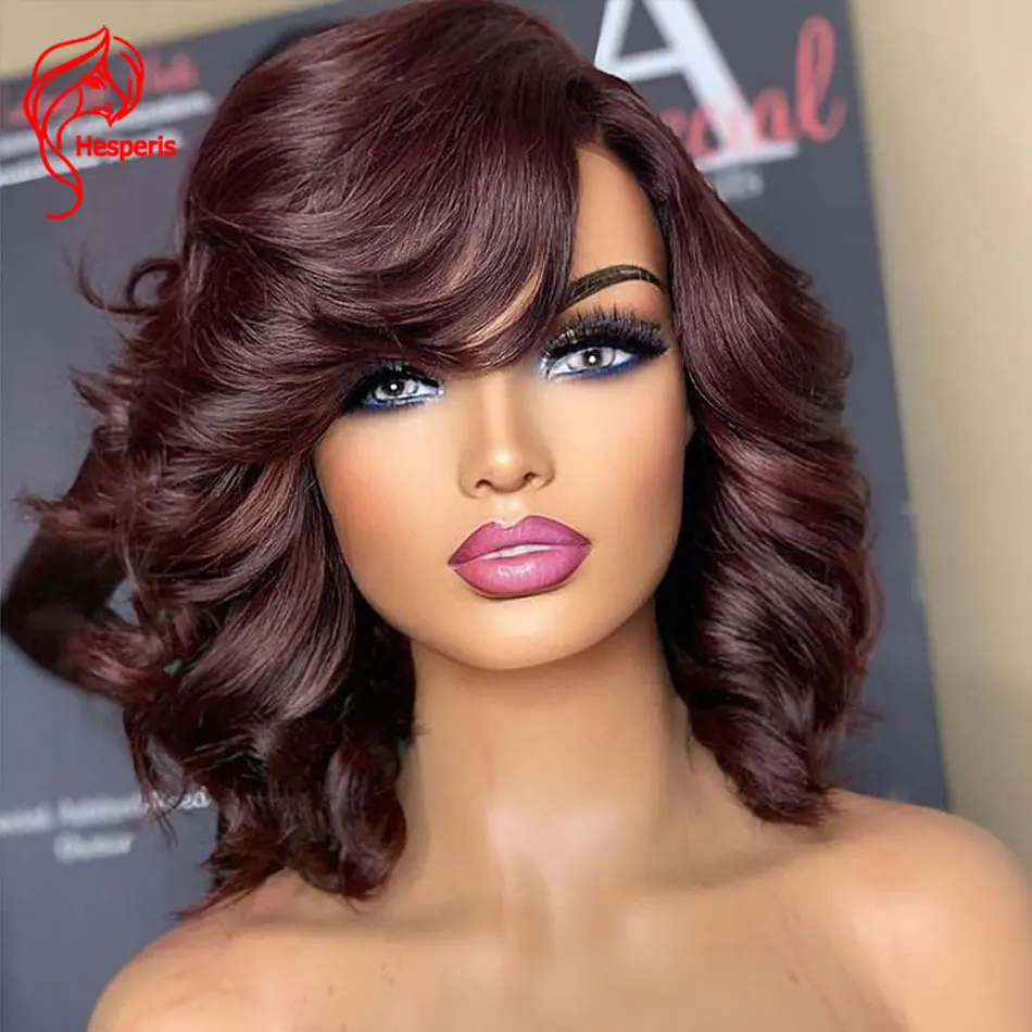 

Hesperis Lace Front Short Wave Burgundy Wigs For Women 13x6 Human Hair Brazilian Short Bob Cut 99j Lace Wigs With Side Bang