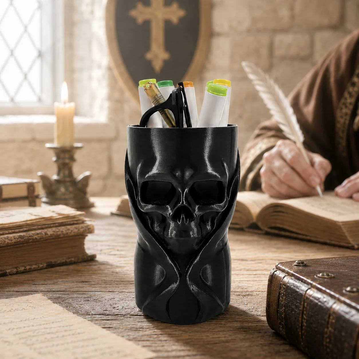 3D Printed Vintage Gothic Reaper Figurine Pen Holder Multifunctional Desktop Stationery Decor Study Office Gift for Students