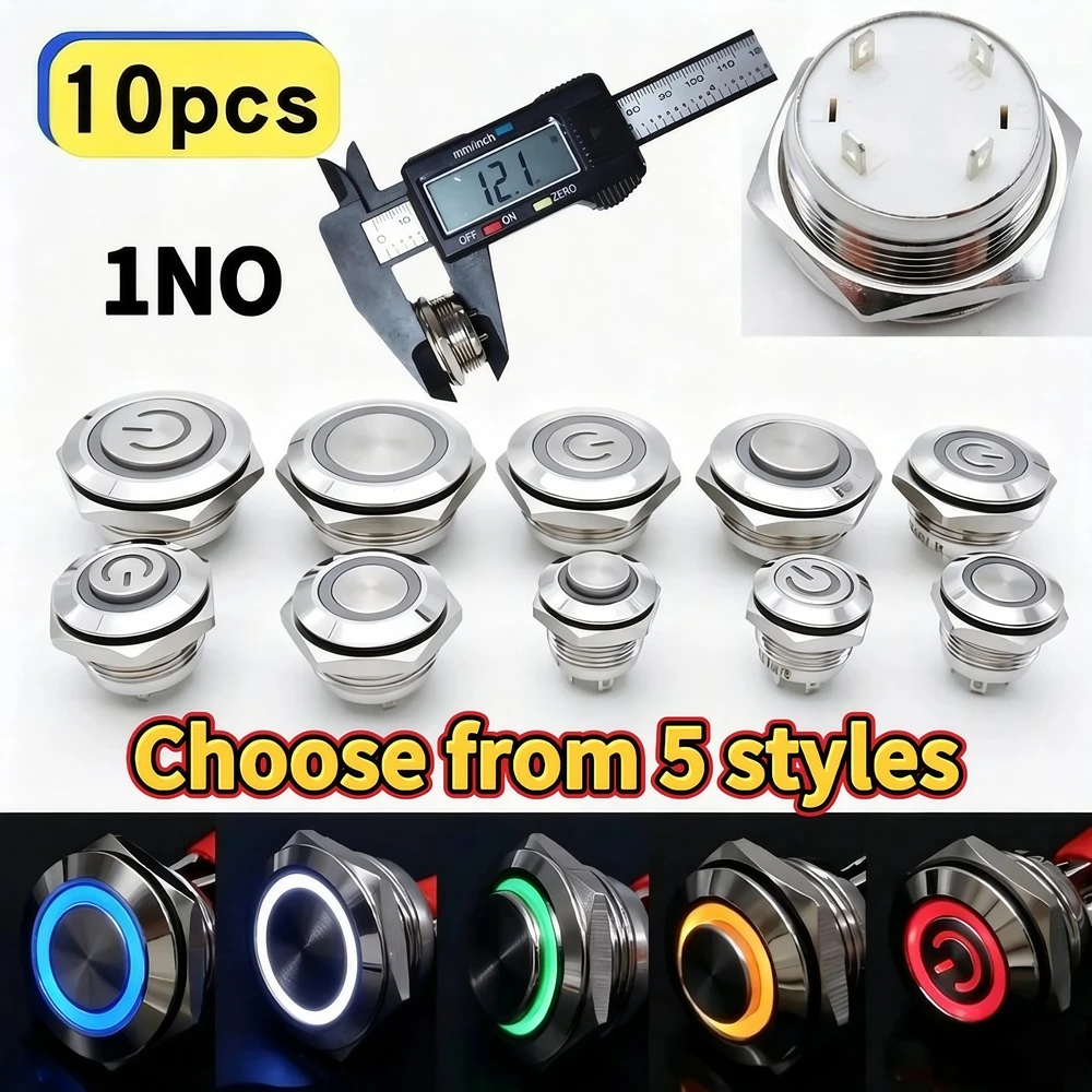 10Pcs 12/16/19/22mm Waterproof Thin Short Stroke Self Reset LED Metal Momentary Indicator Control Panel Push Switch DC3V 12V 24V