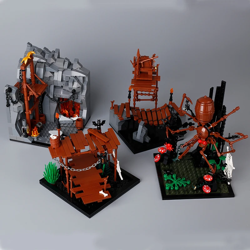 Medieval City MOC Building Blocks Soldier Figures Guard Tower Watchtower Hanging Cage Shield Weapon Accessory Bricks Kids Toys