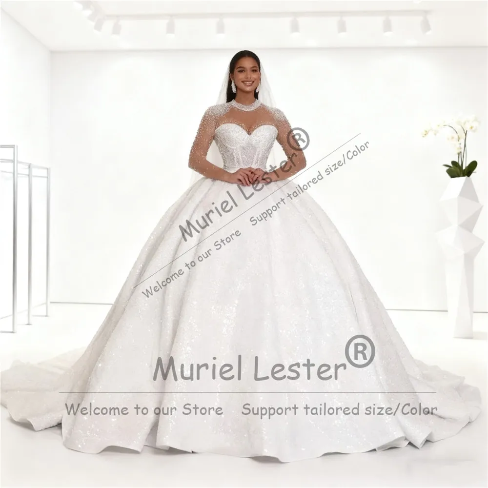 

Сверкающие свадебные платья с блестками и круглым вырезом для невесты, иллюзия, длинные рукава, бальное платье с кристаллами и бисером, свадебный наряд по индивидуальному заказу