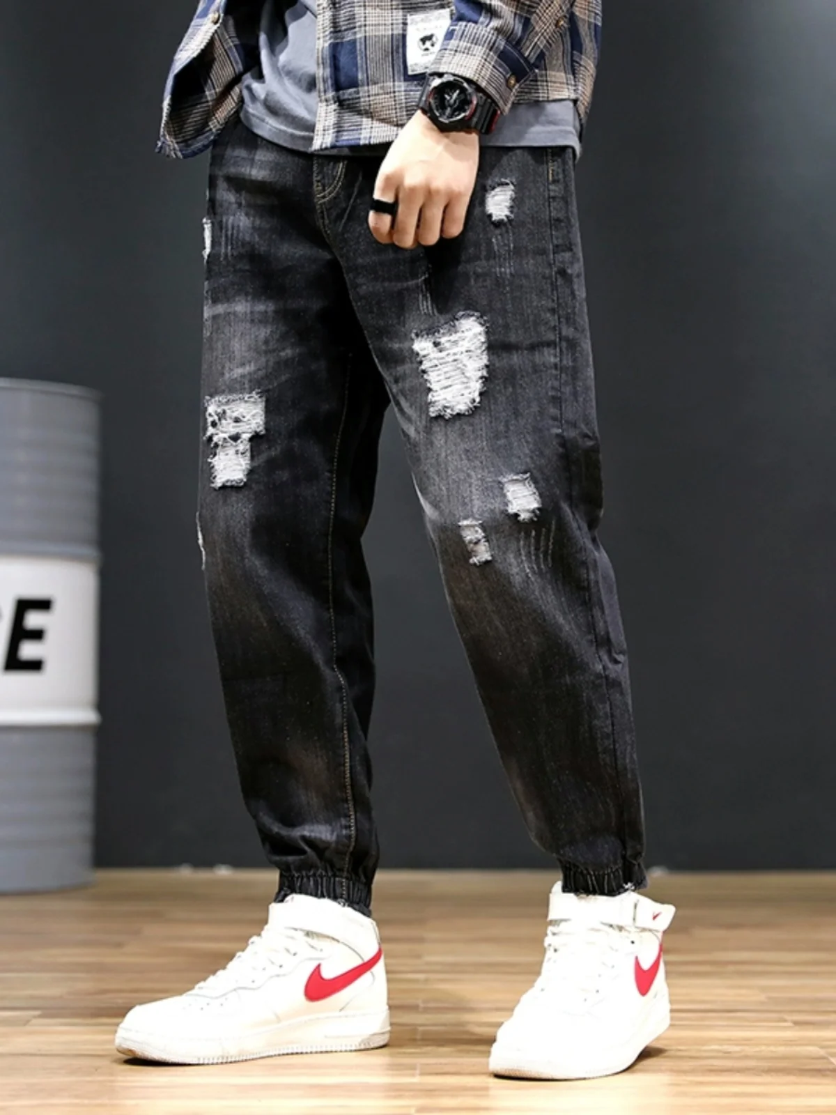 Loose Fit Men's Denim Jeans Super plus Size Cuffed Casual Wear Autumn Season Large Hole Harlan Nine Points Pants