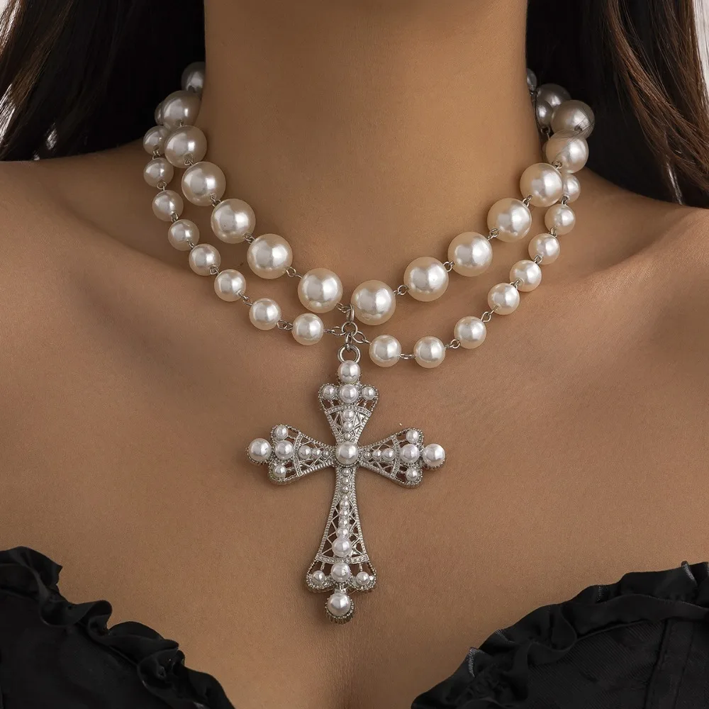 Multiple Layers Fold Wear Imitation Pearl Chain Beaded Gothic Cross Pendant Necklace  for Women Retro Punk Collar Jewelry Gifts