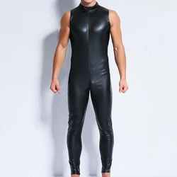 Men Undershirts PU Leather PVC Jumpsuits Bodybuilding Leotrad Sleeveless Wrestling Singlets Bodysuits Latex Playsuits Clubwear