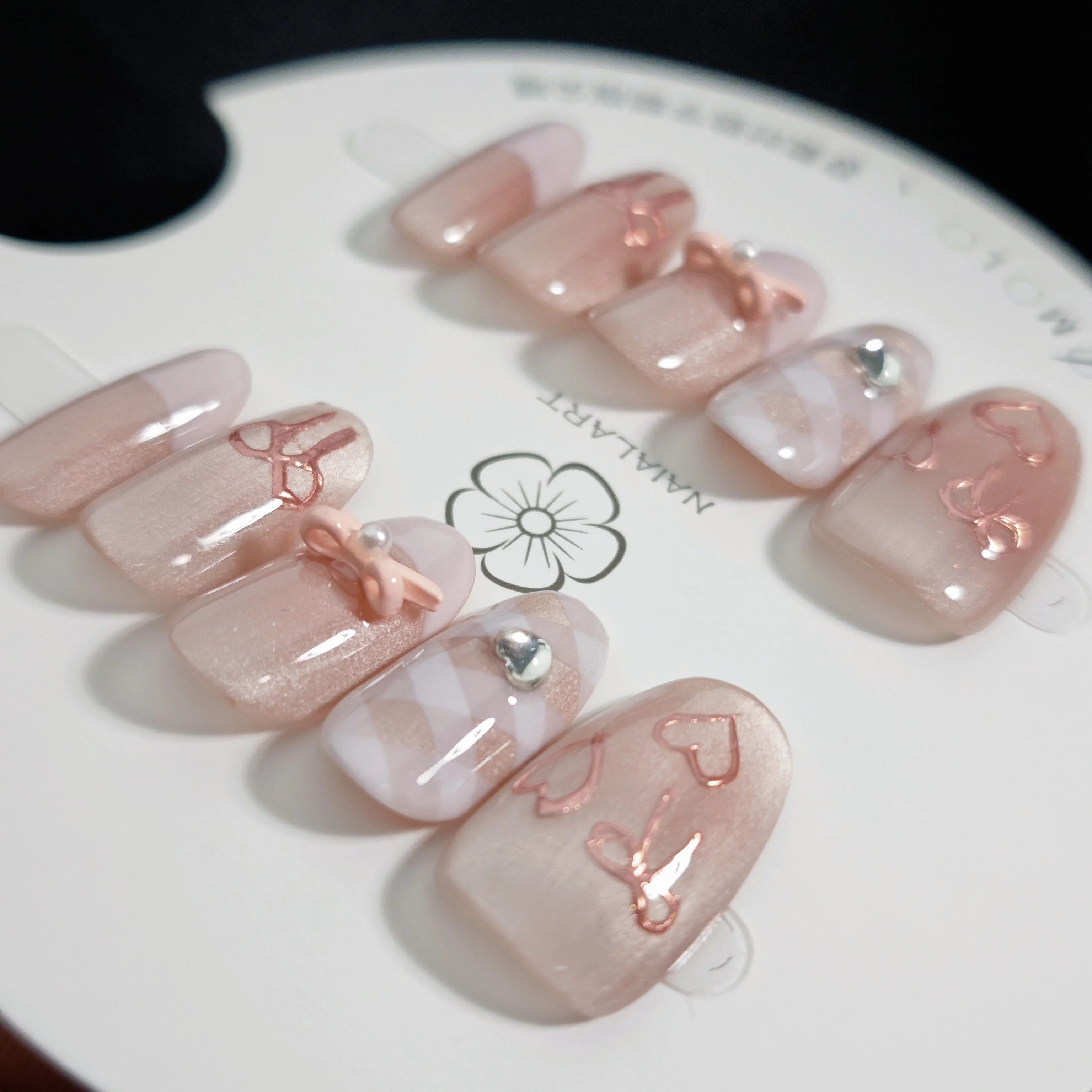 10 قطعة عين القط الوردي الحلو اليدوية قصيرة البيضاوي اضغط على الأظافر ثلاثية الأبعاد Bowknot أنماط القلب الماس الفرنسية وهمية مسمار يمكن ارتداؤها مانيكير #3