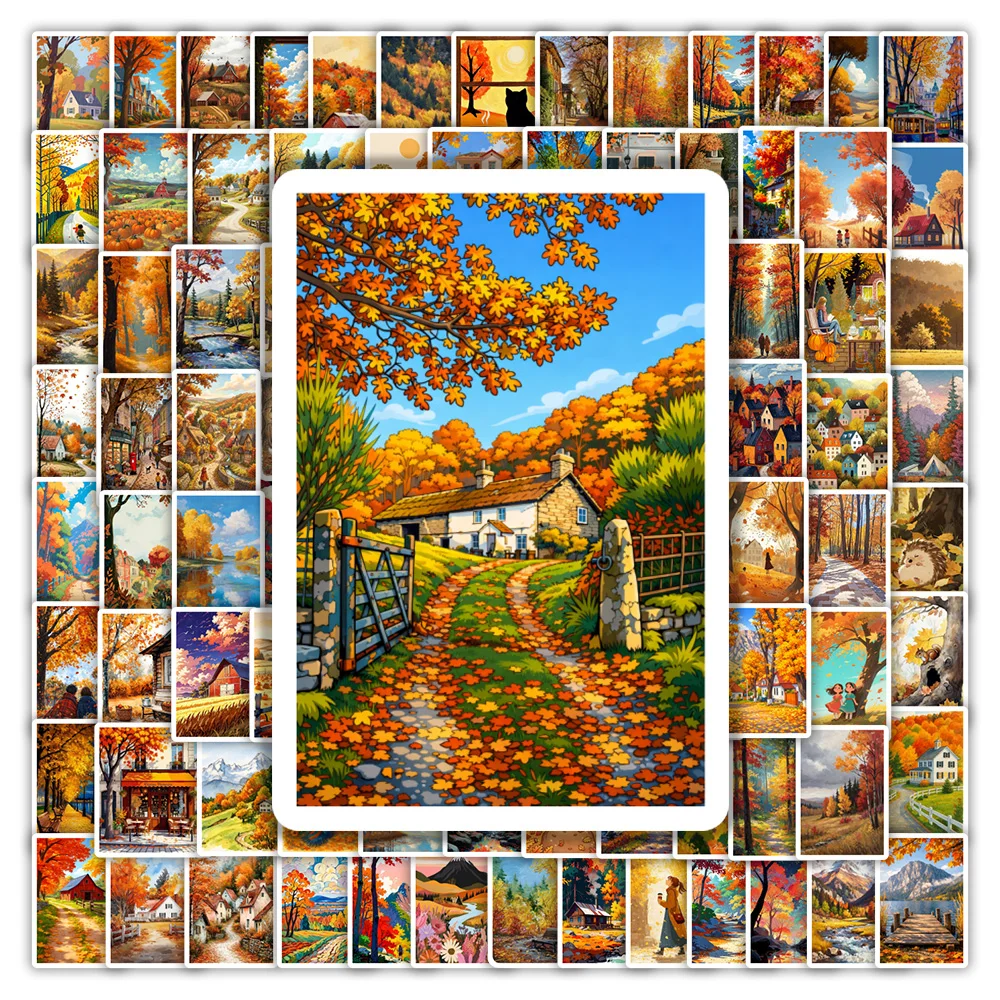 Aesthetic Fall Cottage Stickers Forest Vinyl Golden Autumn Pumpkin Maple Scenery Waterproof Decal for DIY Gift Journal Decor