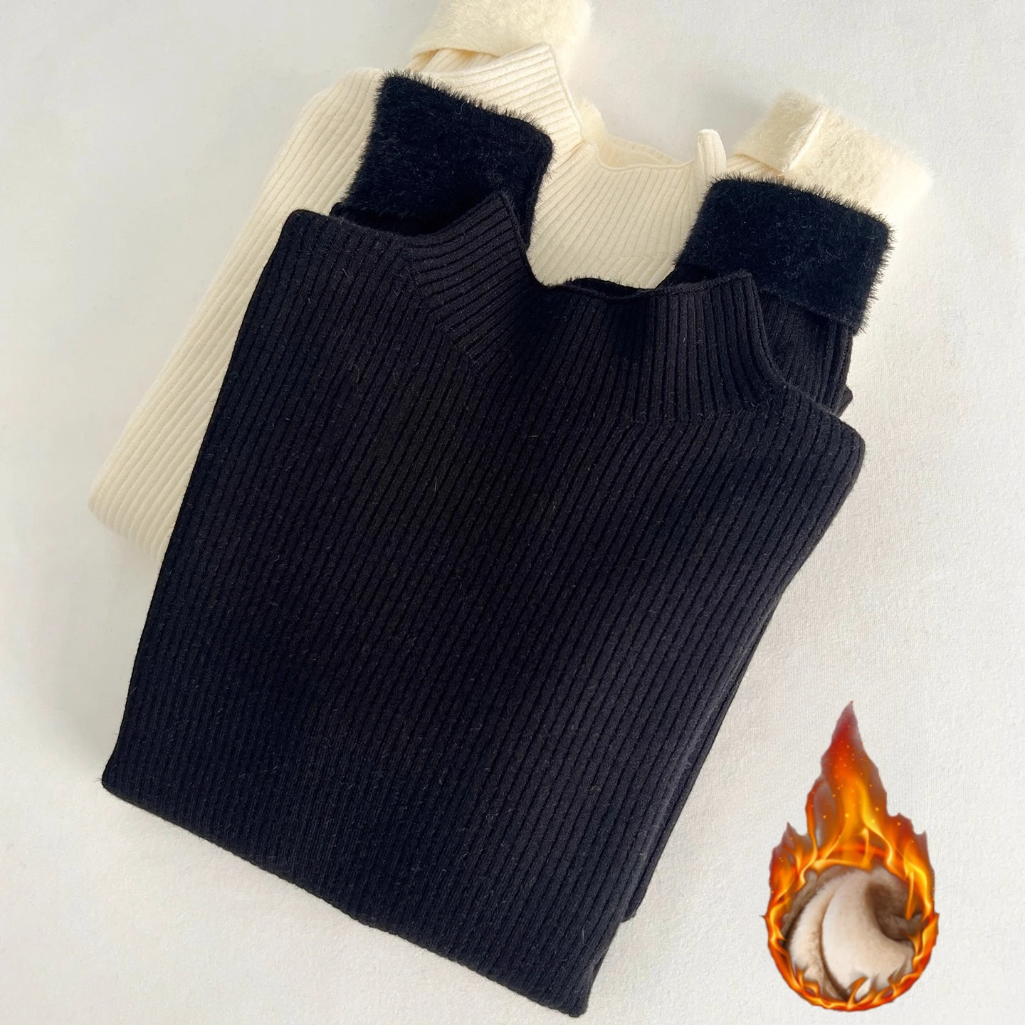 Pull polaire intégré Chic à col montant, tricot chaud et épais, manches longues, automne-hiver, Style coréen, couche de Base Simple, haut