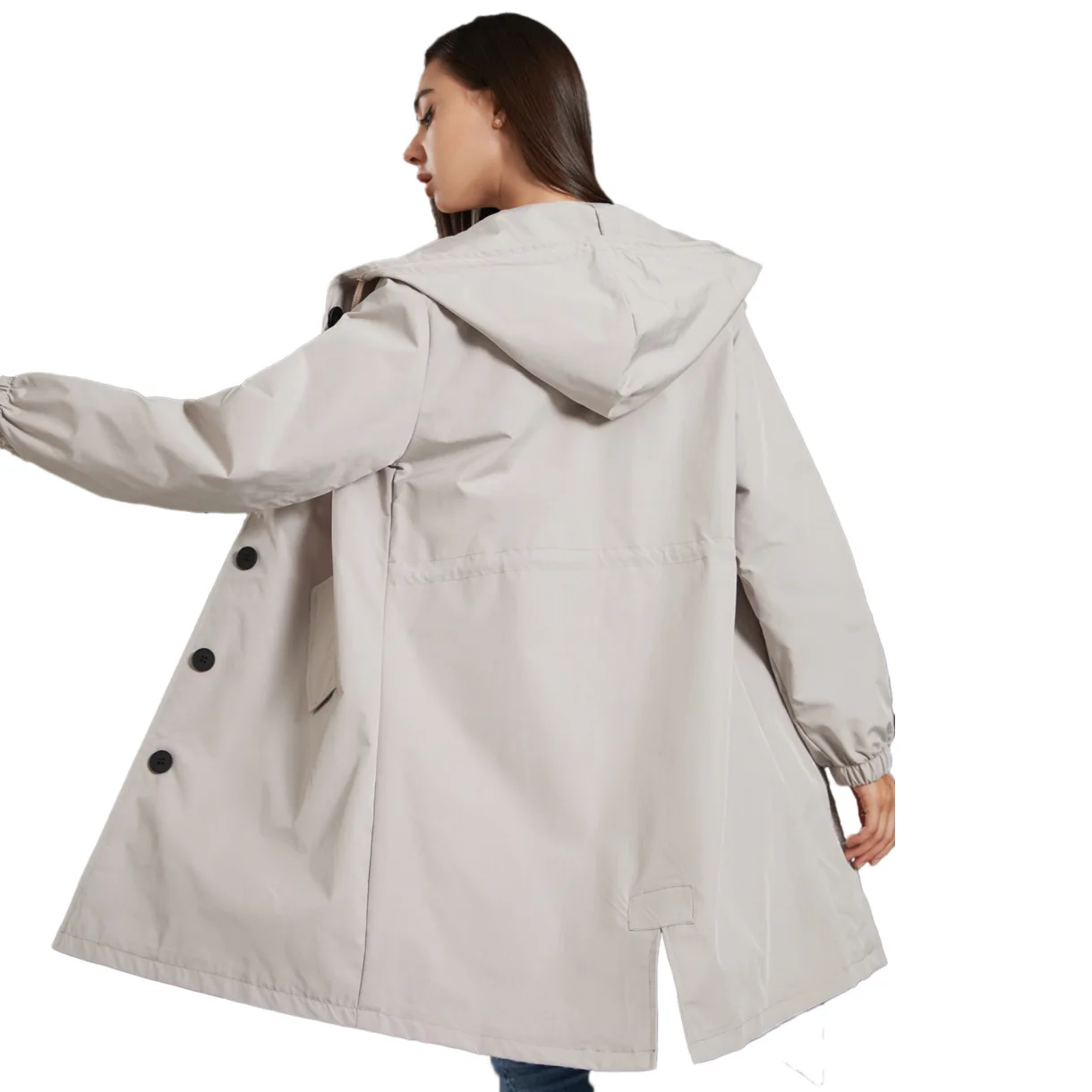 

Womens Waterproof Trench Coat Single Breasted Hooded Jacket With Pockets Back Slit Casual Outerwear For Ladies