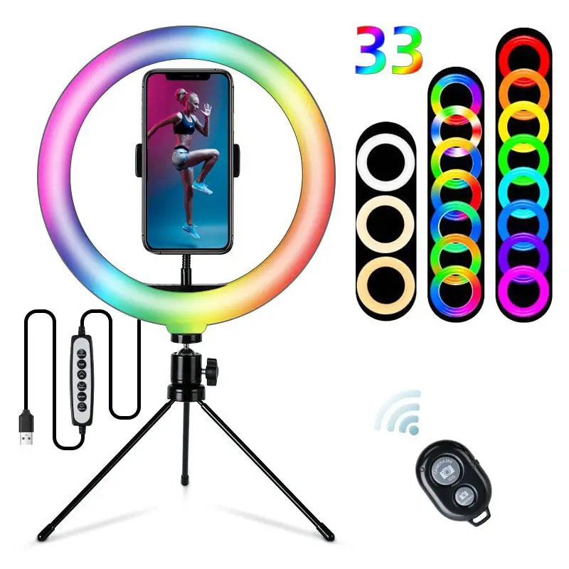 Anneau lumineux LED Dia.26cm, alimenté par USB, avec trépied pour téléphone, multicolore, rvb, diffusion en direct, photographie, maquillage, éclairage vidéo