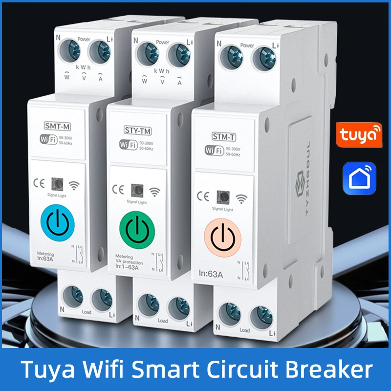 

TUYA WIFI Smart Switch Circuit Breaker 63A 1P Power Metering Monitoring Timer Relay for Smart Home wireless Remote Control