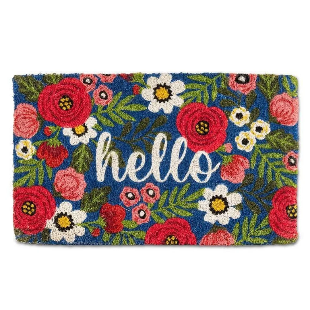Hello Floral Coir Door Mat Colorful Rose Flower Print Indoor Outdoor Front Entrance Welcome Doormat Home Decor Rug