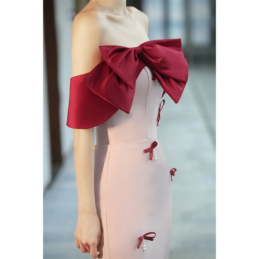 Vestido de noche Rosa elegante para mujer, cinta con hombros descubiertos, cuello de lazo, diseño con apliques de lazo, longitud media, 2024