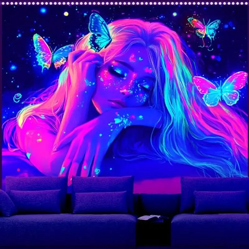 VIKAMA Nightlight Butterfly Girl Tapestry, Neon Fantasy Wall Hanging, Aesthetic Wall Decor for Bedroom Dormitory Home Decoration
