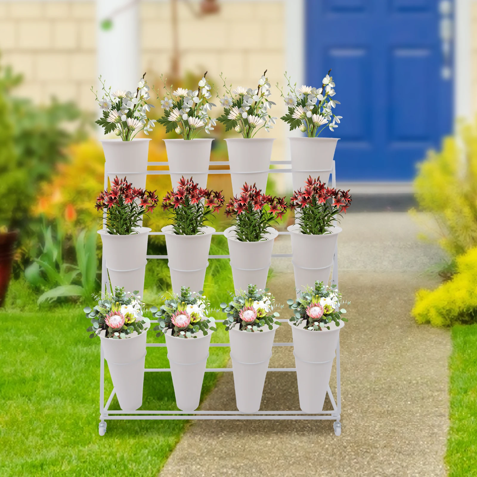 3 Layers Metal Plant Stand with Wheels Modern Plant Shelf with Flower Bucket Indoor Outdoor Flower Display Stand