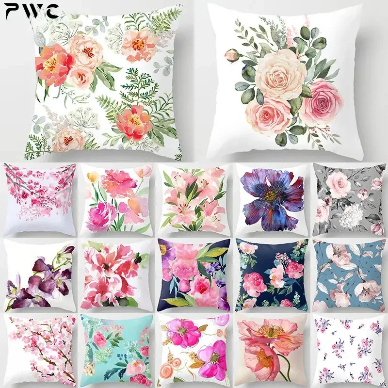 Funda de cojín de arte decorativo con patrón de flores, funda de almohada de poliéster 45*45, funda de almohada decorativa para decoración del hogar