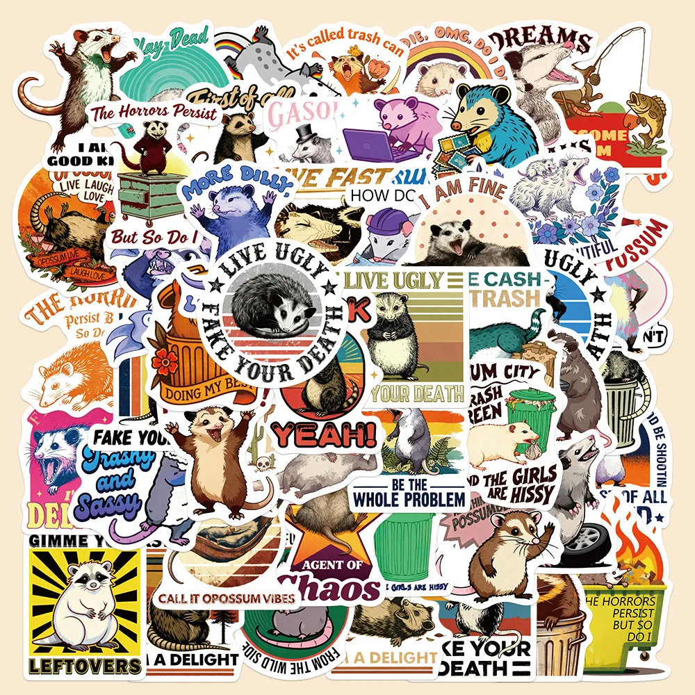 

50PCS Funny Opossum Stickers Opossum Meme Cartoon Style English DIY Decorative Luggage Phone Case Waterproof Stickers Kids Toy