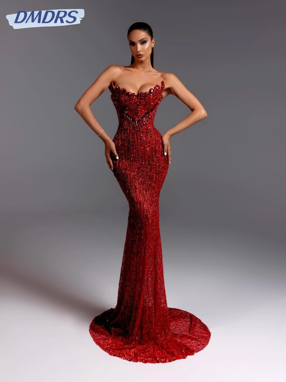 

Fashionable Red Beaded Mermaid Long Evening Dress Elegant Strapless Sleeveless Wedding Party Gown Customized Luxury Prom Dresses