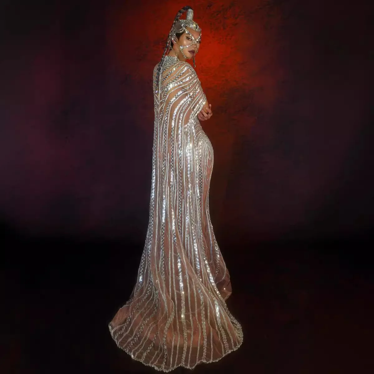 Sequins Trailing Queen Sleeveless Long Dress - Sexy Shiny Diamond Long Sleeve Elegant Dress For Wedding Body Transparente Flecos